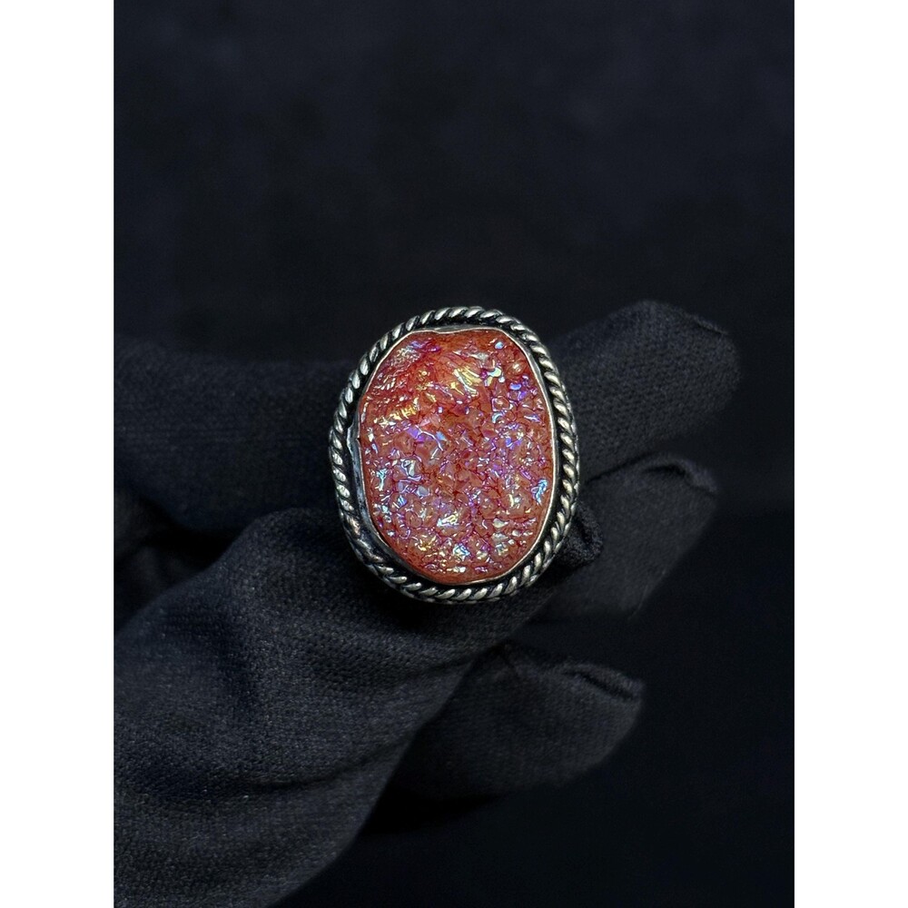 Orange Aura Geode Druzy Sterling Silver Statement Ring Size 9.5